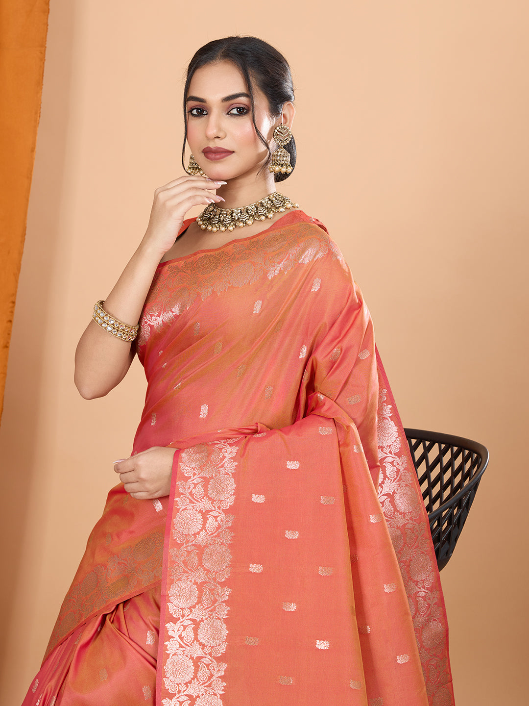 Orange Soft Banarasi Silk Saree Featuring Meenakari Zari Weaving & Tassels on Pallu