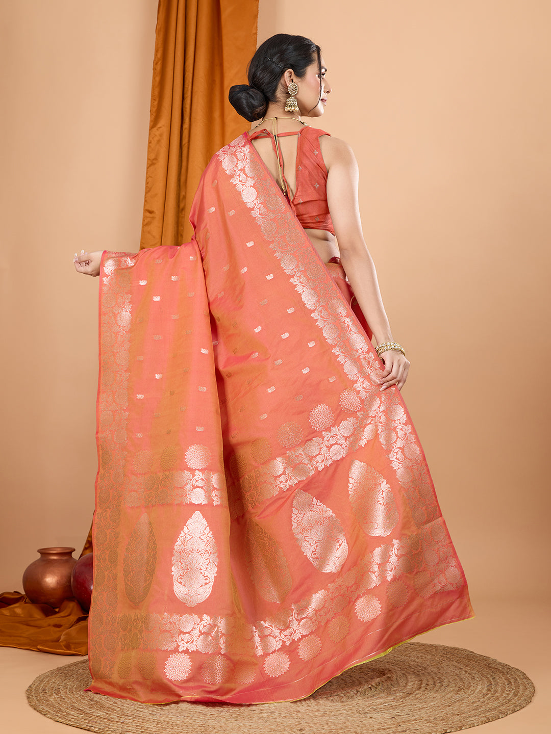Orange Soft Banarasi Silk Saree Featuring Meenakari Zari Weaving & Tassels on Pallu