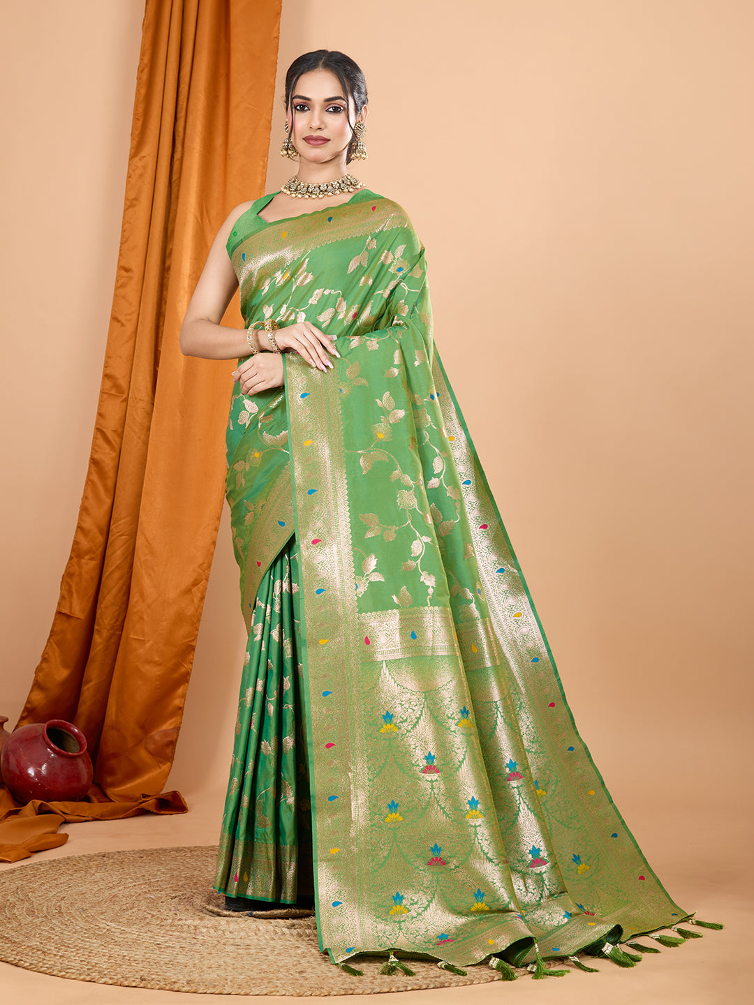 Green Soft Banarasi Silk Saree Featuring Meenakari Zari Weaving & Tassels on Pallu
