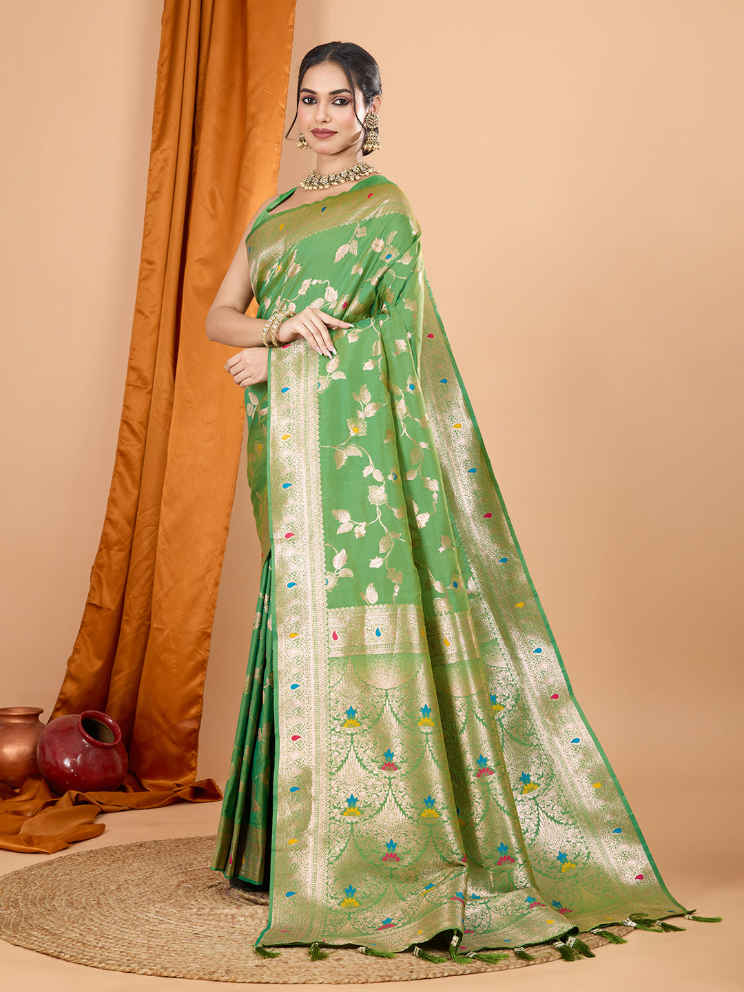 Green Soft Banarasi Silk Saree Featuring Meenakari Zari Weaving & Tassels on Pallu