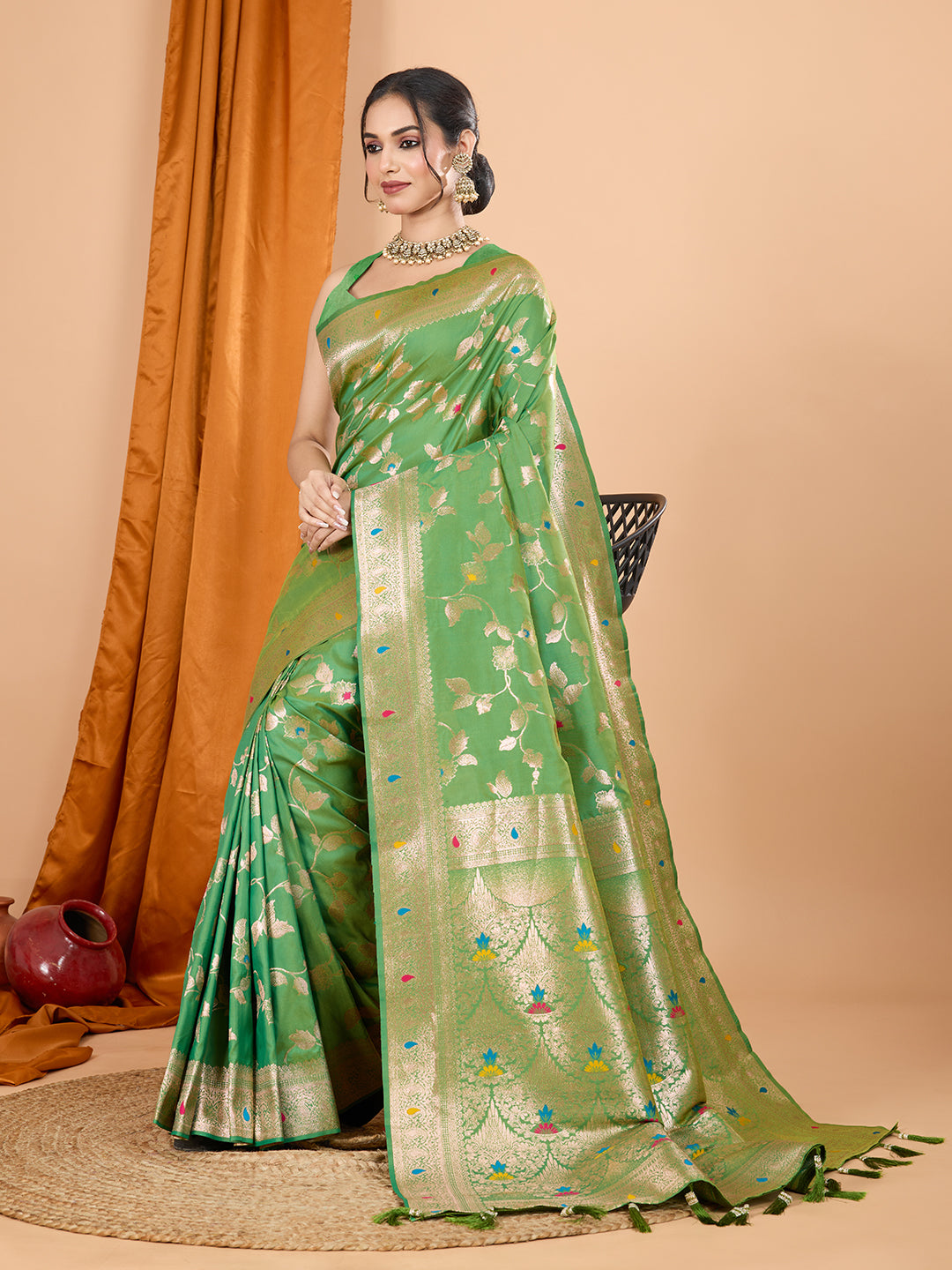 Green Soft Banarasi Silk Saree Featuring Meenakari Zari Weaving & Tassels on Pallu