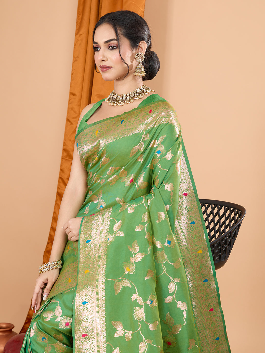 Green Soft Banarasi Silk Saree Featuring Meenakari Zari Weaving & Tassels on Pallu