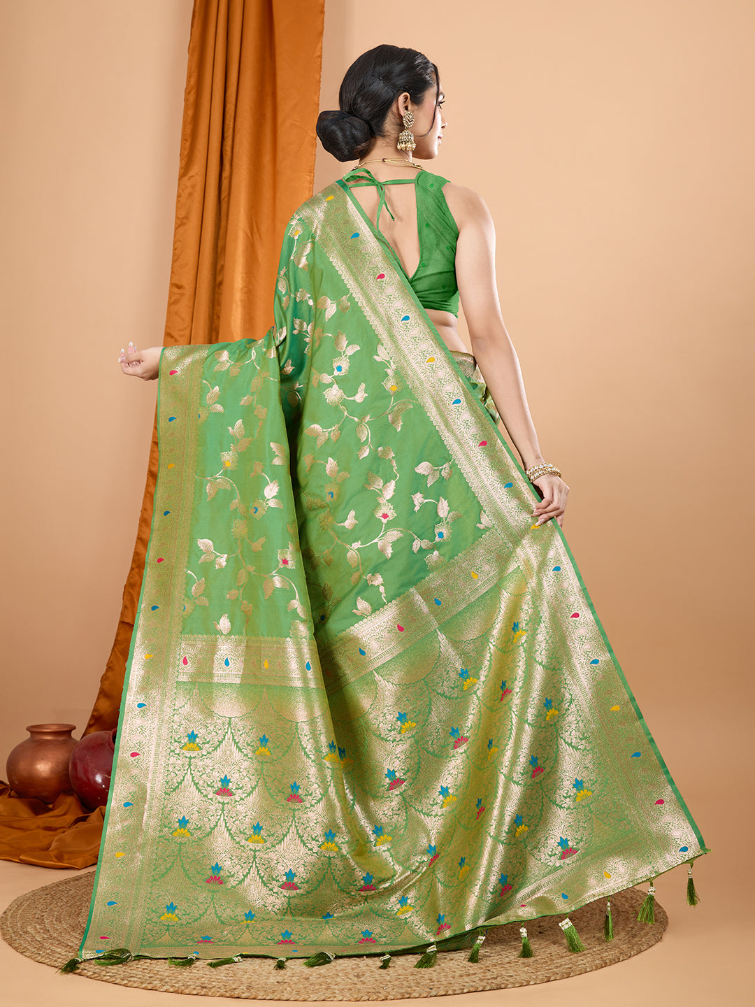 Green Soft Banarasi Silk Saree Featuring Meenakari Zari Weaving & Tassels on Pallu