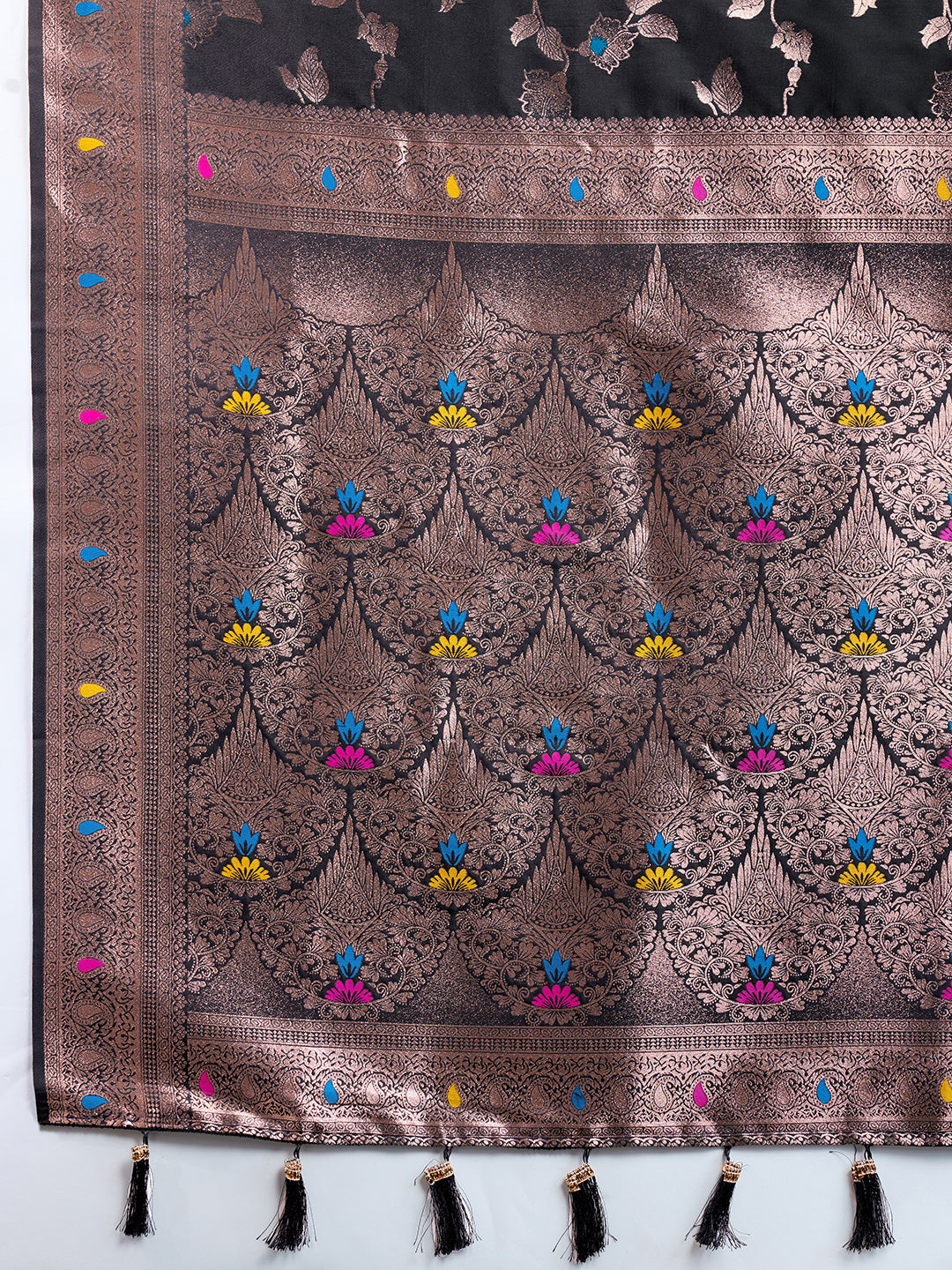 Black Soft Banarasi Silk Saree Featuring Meenakari Zari Weaving & Tassels on Pallu