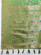 Green Soft Banarasi Silk Saree Featuring Meenakari Zari Weaving & Tassels on Pallu