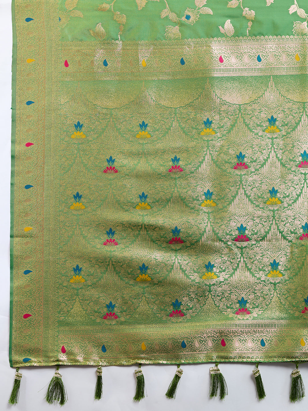 Green Soft Banarasi Silk Saree Featuring Meenakari Zari Weaving & Tassels on Pallu