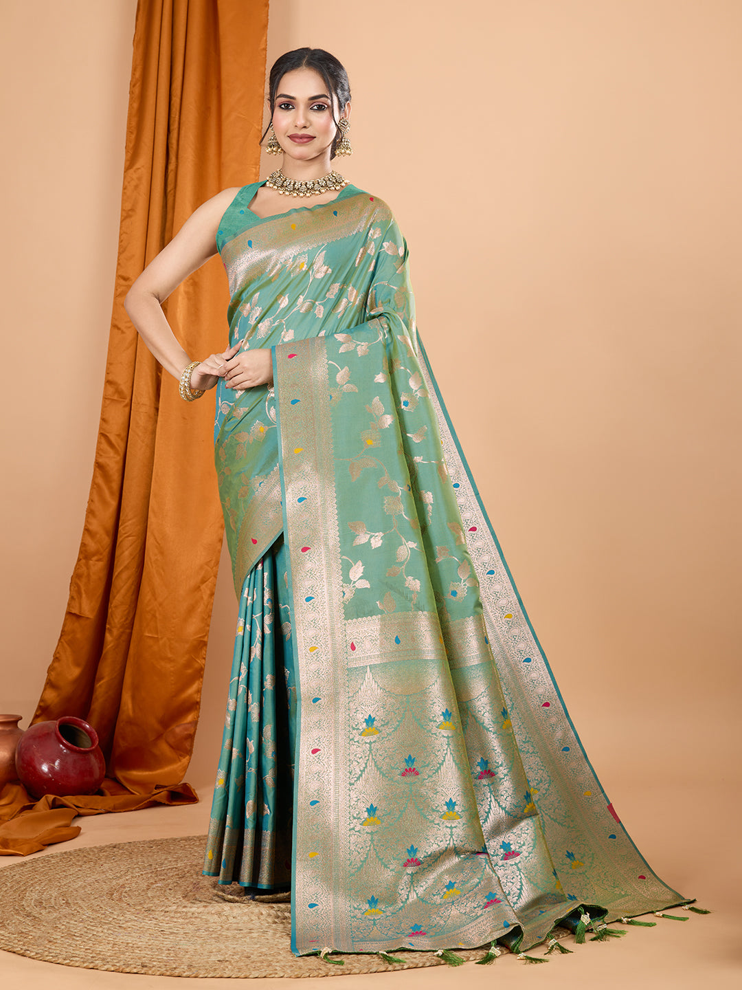 Sky Soft Banarasi Silk Saree Featuring Meenakari Zari Weaving & Tassels on Pallu