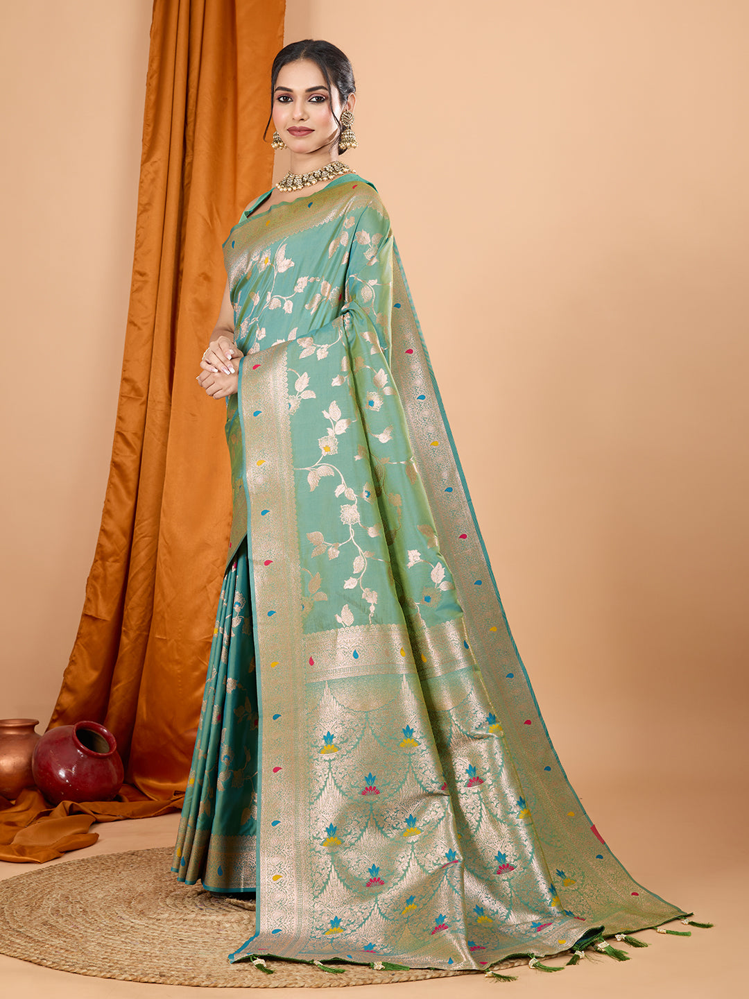 Sky Soft Banarasi Silk Saree Featuring Meenakari Zari Weaving & Tassels on Pallu