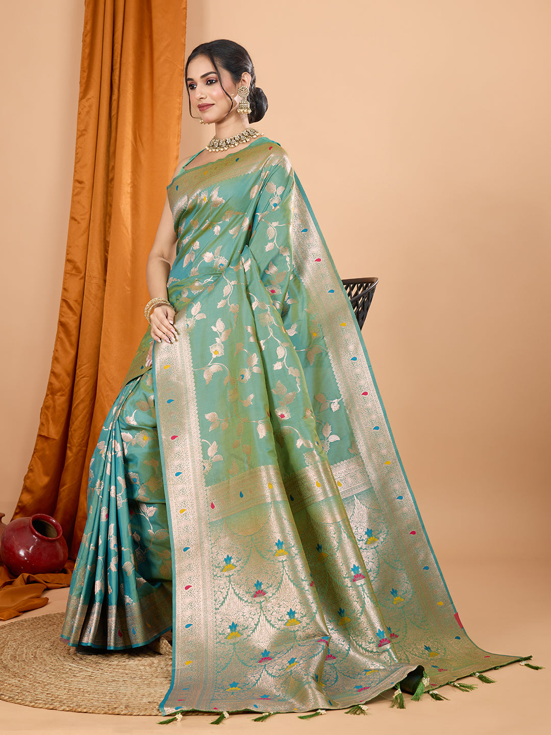 Sky Soft Banarasi Silk Saree Featuring Meenakari Zari Weaving & Tassels on Pallu