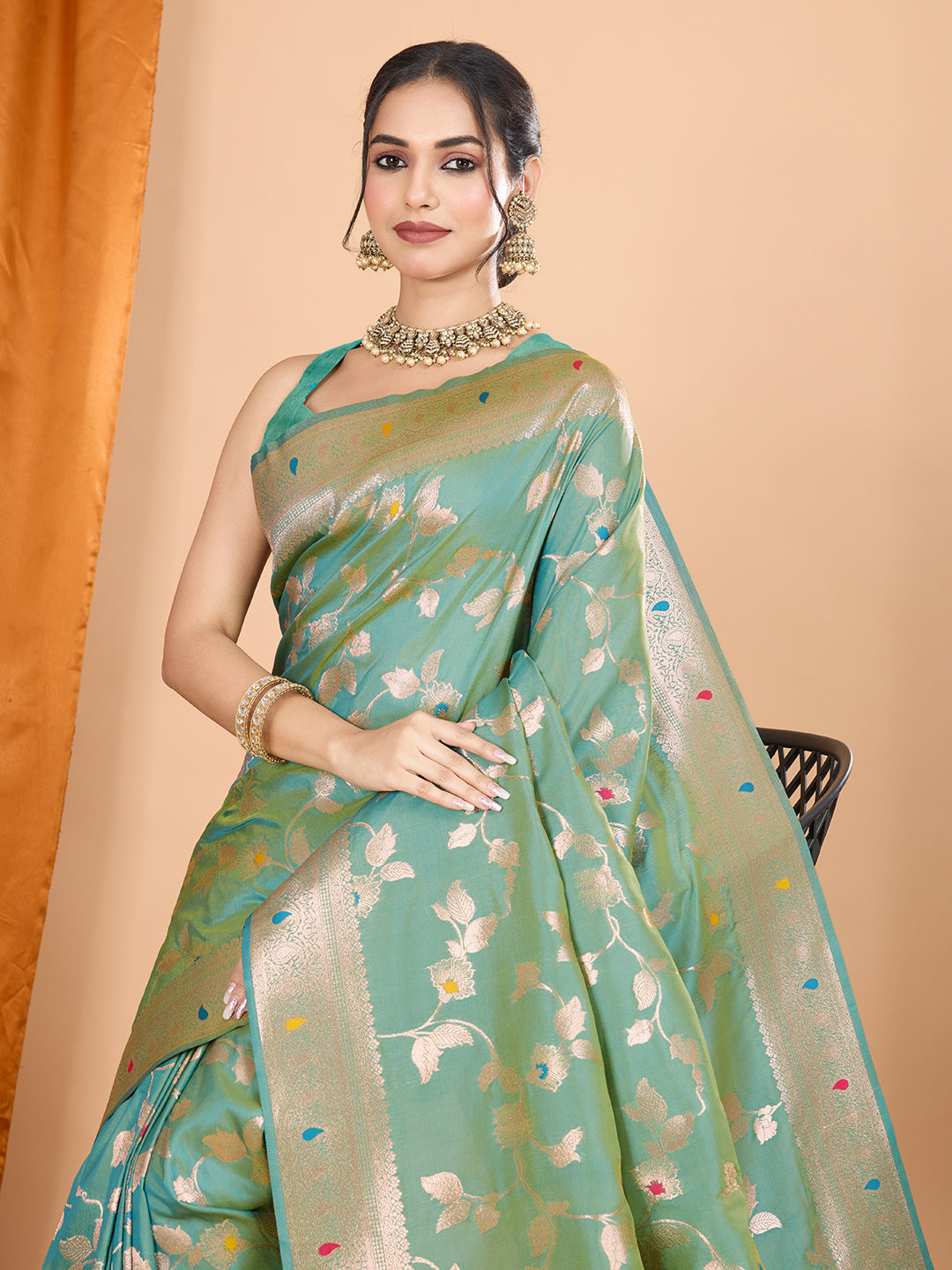 Sky Soft Banarasi Silk Saree Featuring Meenakari Zari Weaving & Tassels on Pallu