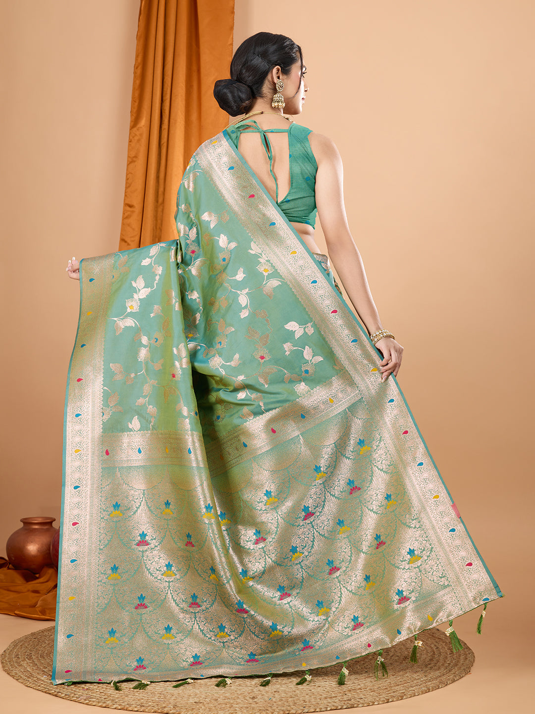 Sky Soft Banarasi Silk Saree Featuring Meenakari Zari Weaving & Tassels on Pallu