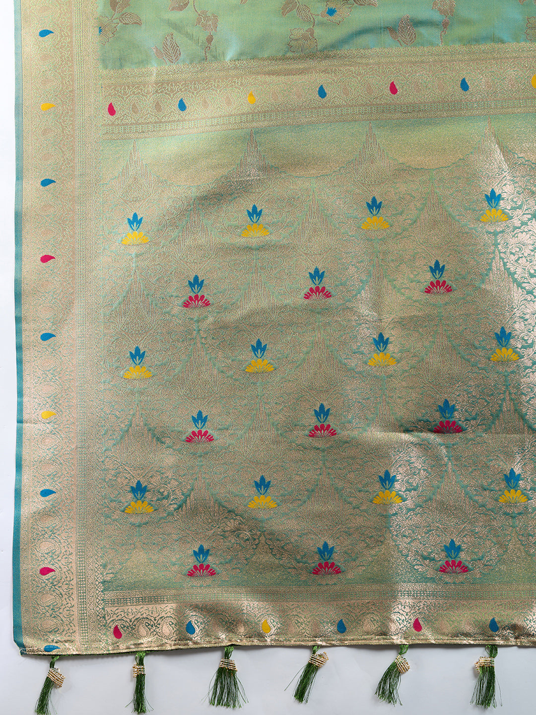 Sky Soft Banarasi Silk Saree Featuring Meenakari Zari Weaving & Tassels on Pallu