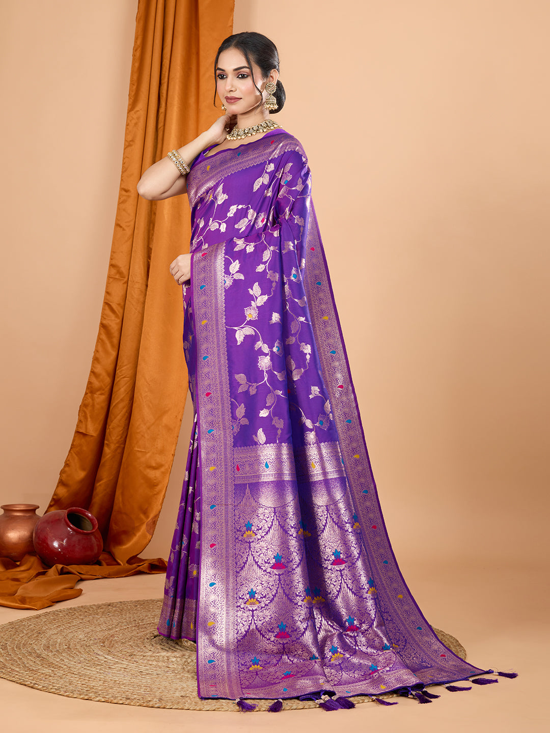 Purple Soft Banarasi Silk Saree Featuring Meenakari Zari Weaving & Tassels on Pallu