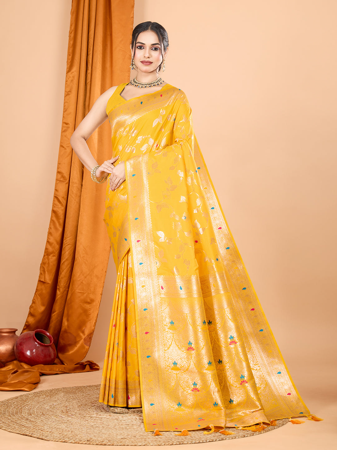 Yellow Soft Banarasi Silk Saree Featuring Meenakari Zari Weaving & Tassels on Pallu