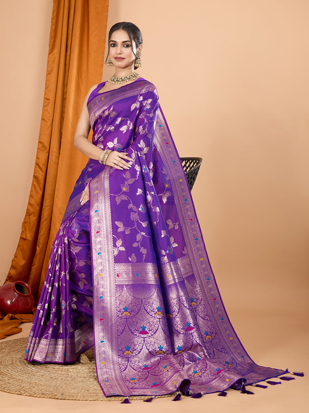 Purple Soft Banarasi Silk Saree Featuring Meenakari Zari Weaving & Tassels on Pallu