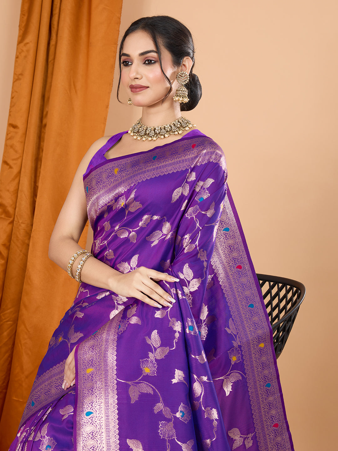 Purple Soft Banarasi Silk Saree Featuring Meenakari Zari Weaving & Tassels on Pallu