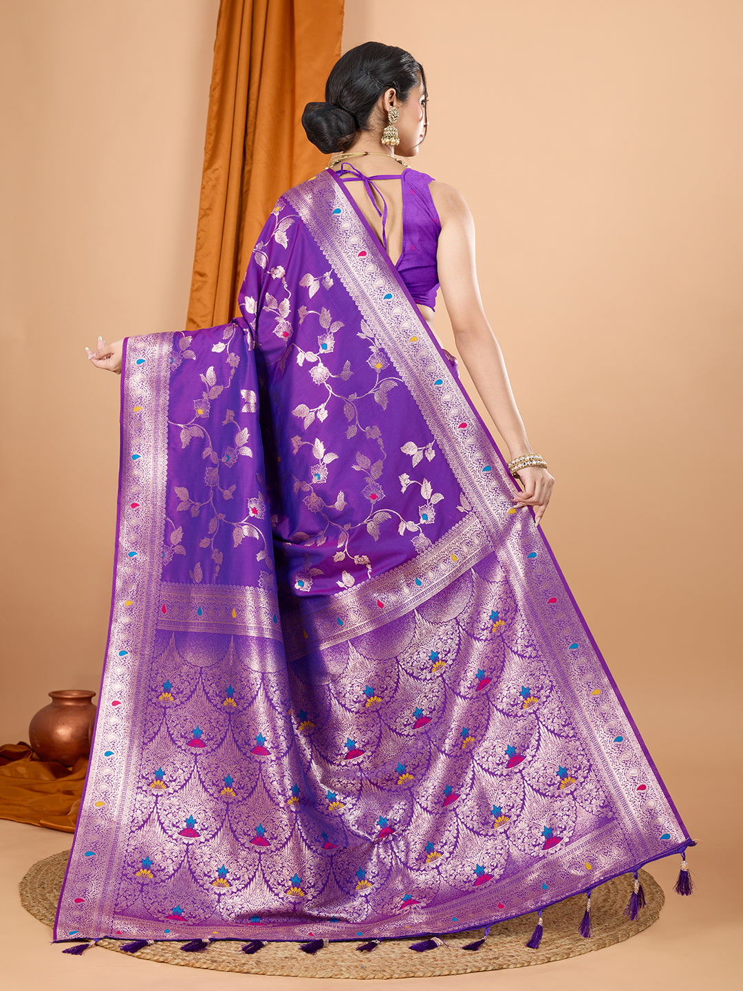 Purple Soft Banarasi Silk Saree Featuring Meenakari Zari Weaving & Tassels on Pallu