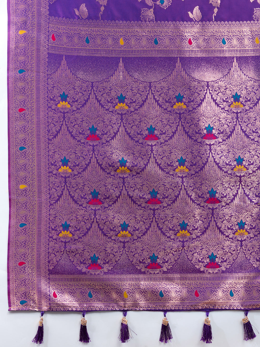 Purple Soft Banarasi Silk Saree Featuring Meenakari Zari Weaving & Tassels on Pallu