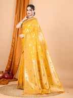 Yellow Soft Banarasi Silk Saree Featuring Meenakari Zari Weaving & Tassels on Pallu
