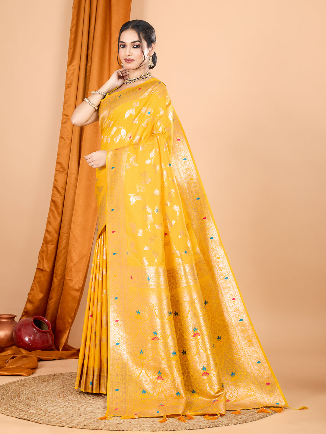 Yellow Soft Banarasi Silk Saree Featuring Meenakari Zari Weaving & Tassels on Pallu