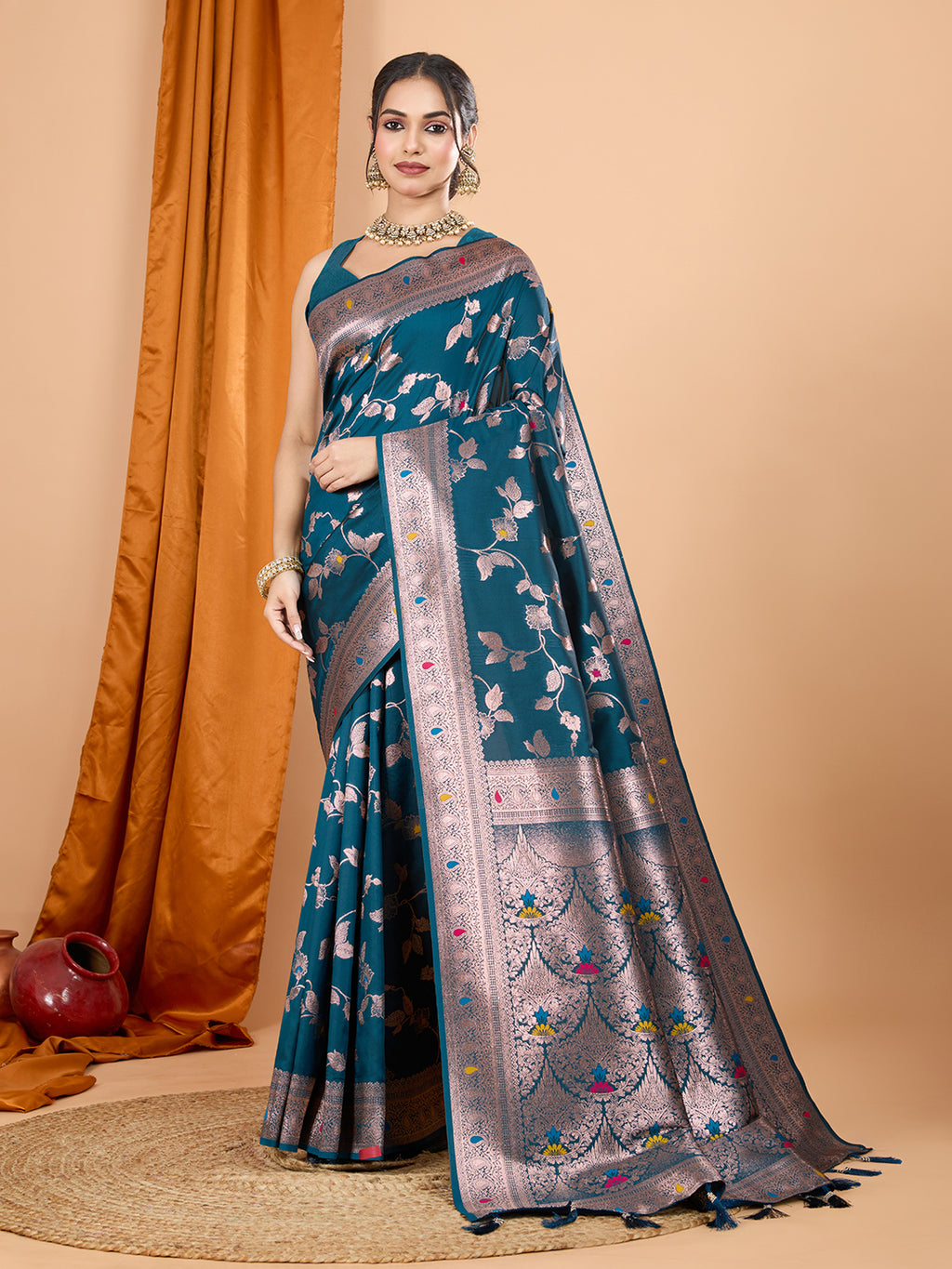 Teal Soft Banarasi Silk Saree Featuring Meenakari Zari Weaving & Tassels on Pallu