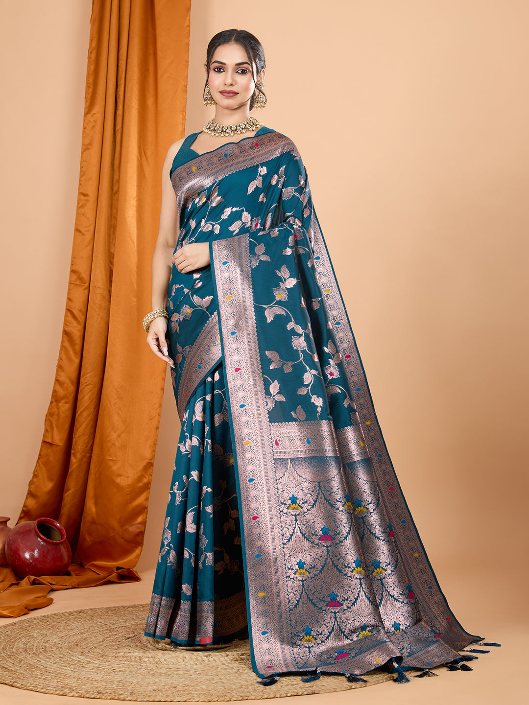 Teal Soft Banarasi Silk Saree Featuring Meenakari Zari Weaving & Tassels on Pallu