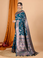 Teal Soft Banarasi Silk Saree Featuring Meenakari Zari Weaving & Tassels on Pallu