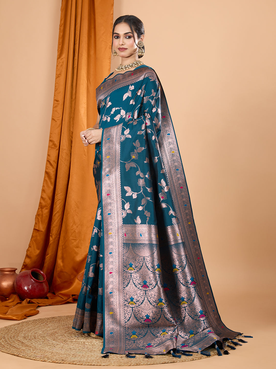 Teal Soft Banarasi Silk Saree Featuring Meenakari Zari Weaving & Tassels on Pallu