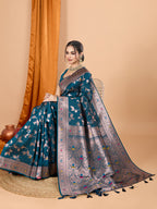 Teal Soft Banarasi Silk Saree Featuring Meenakari Zari Weaving & Tassels on Pallu