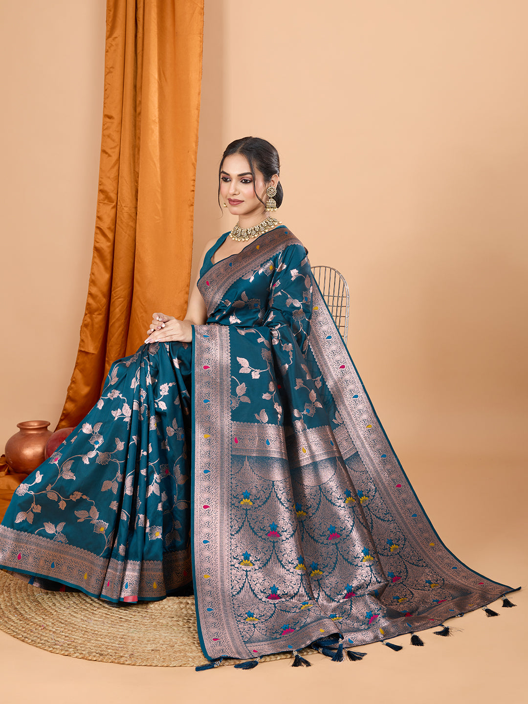 Teal Soft Banarasi Silk Saree Featuring Meenakari Zari Weaving & Tassels on Pallu