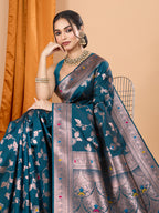 Teal Soft Banarasi Silk Saree Featuring Meenakari Zari Weaving & Tassels on Pallu
