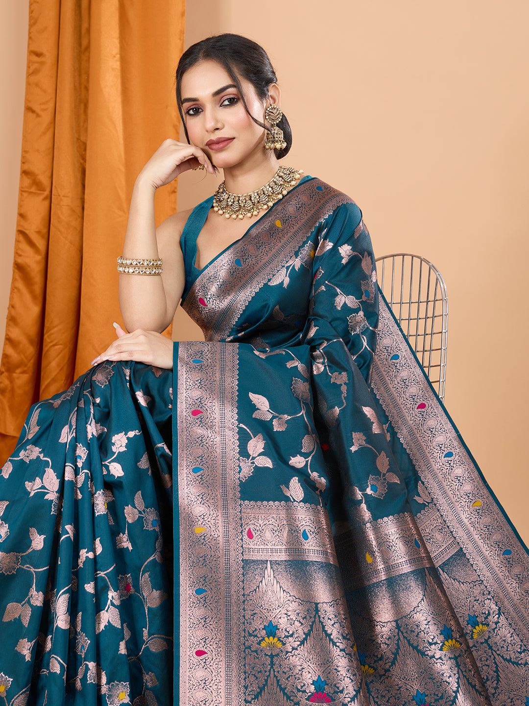 Teal Soft Banarasi Silk Saree Featuring Meenakari Zari Weaving & Tassels on Pallu