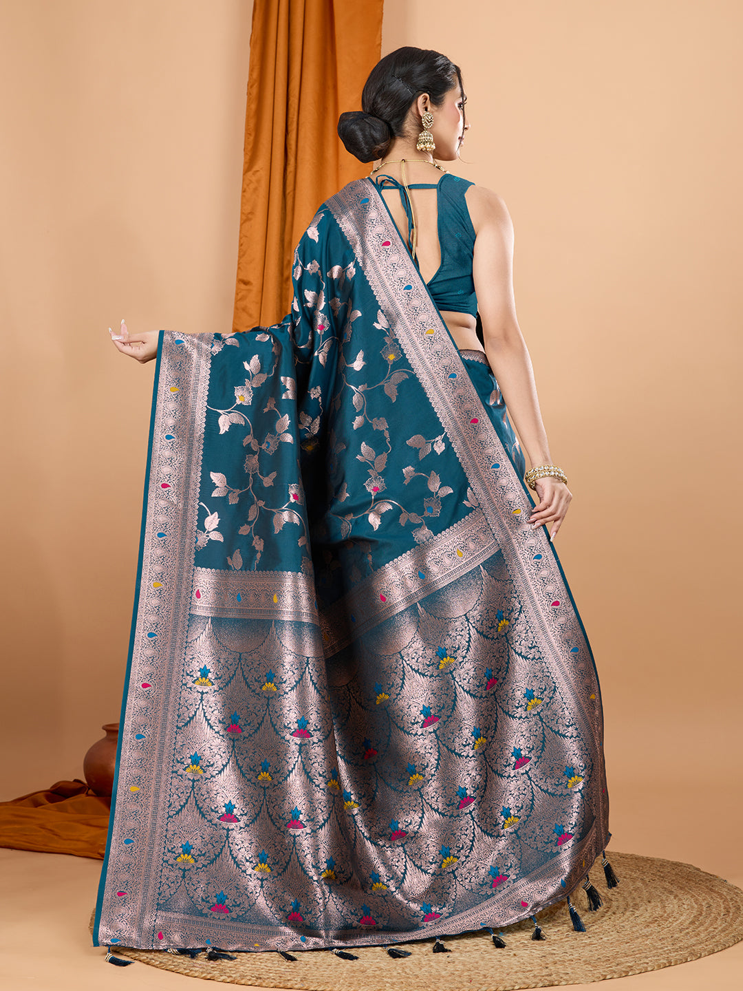 Teal Soft Banarasi Silk Saree Featuring Meenakari Zari Weaving & Tassels on Pallu