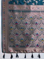 Teal Soft Banarasi Silk Saree Featuring Meenakari Zari Weaving & Tassels on Pallu