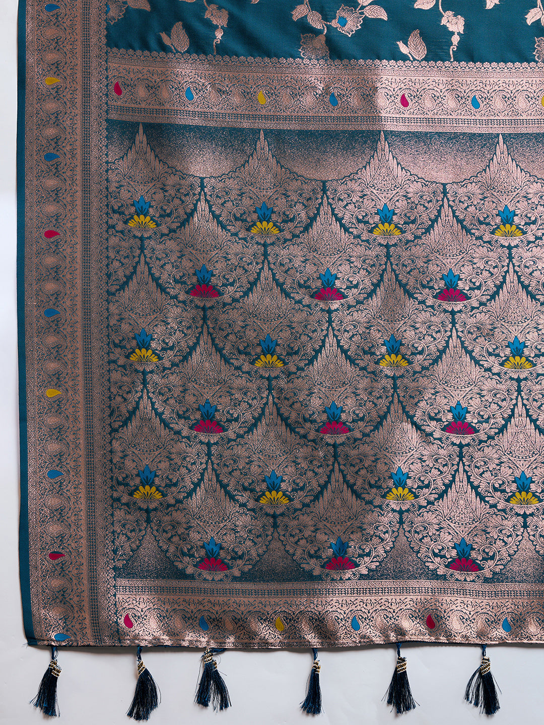 Teal Soft Banarasi Silk Saree Featuring Meenakari Zari Weaving & Tassels on Pallu