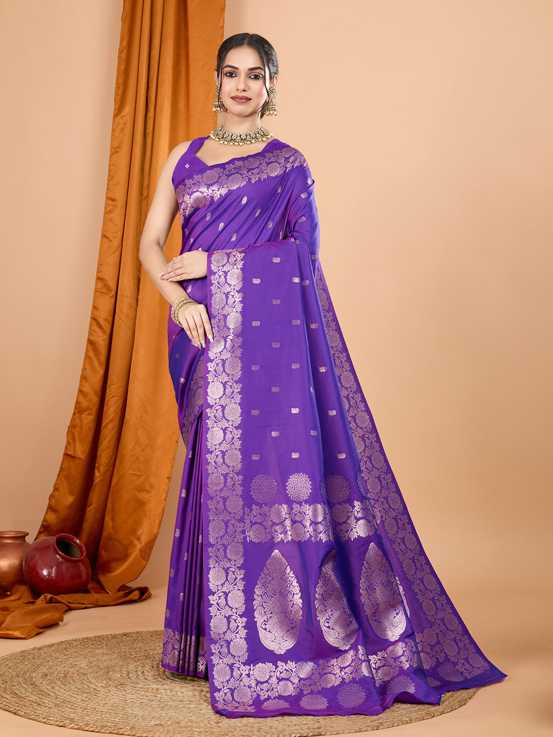 Purple Soft Banarasi Silk Saree Featuring Meenakari Zari Weaving & Tassels on Pallu