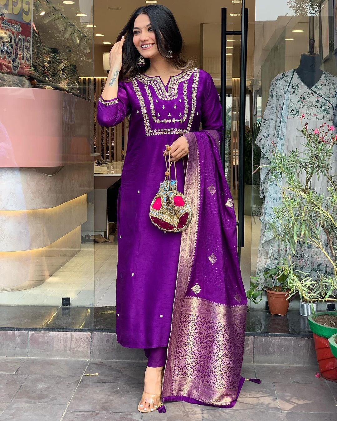 Women's Purple Viscose Chanderi Embroidered Kurta Set with Elegant Jacquard Dupatta