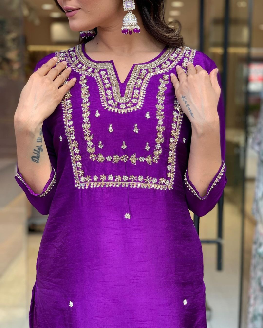 Women's Purple Viscose Chanderi Embroidered Kurta Set with Elegant Jacquard Dupatta