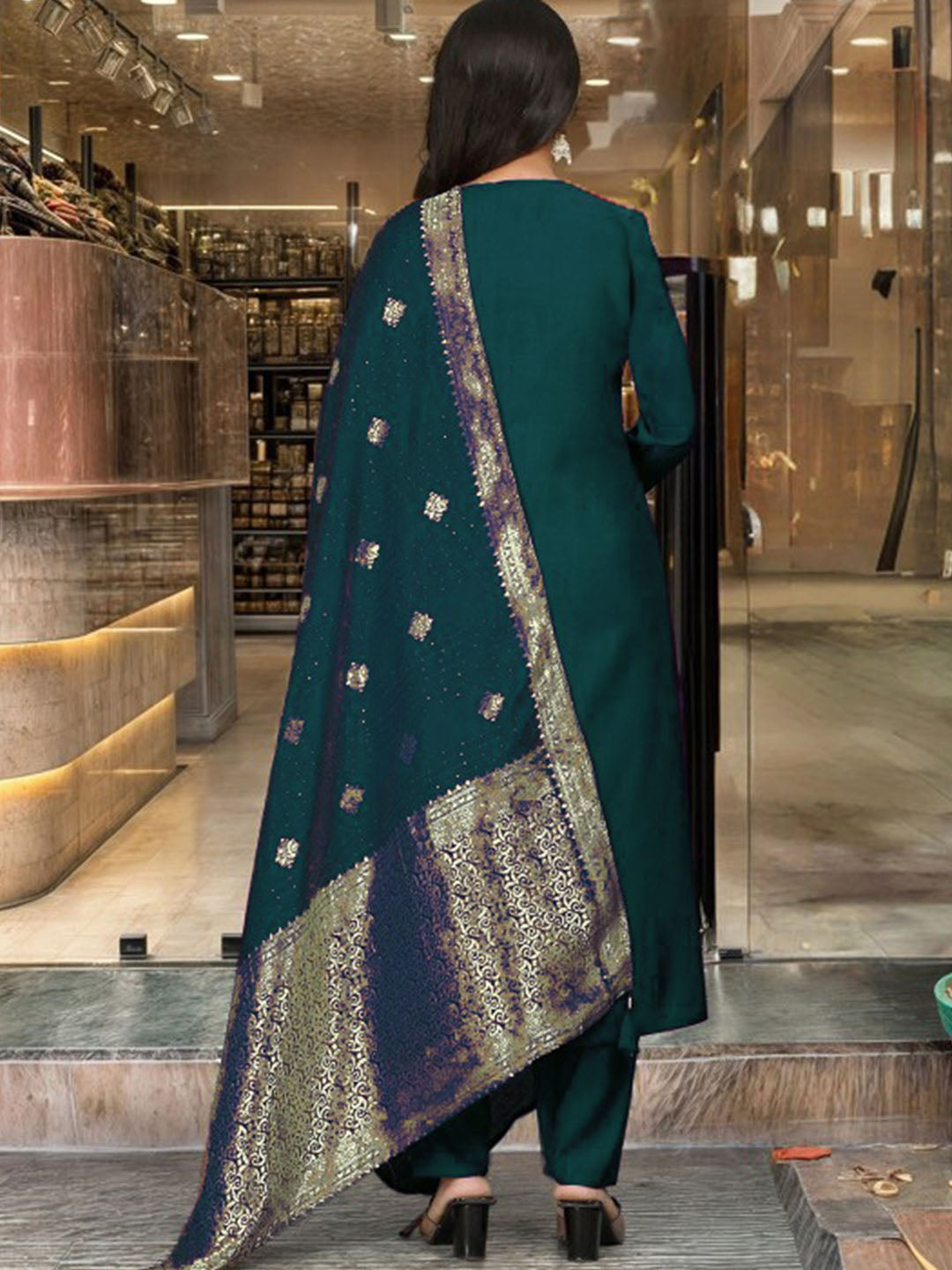 Women's Rama Viscose Chanderi Embroidered Kurta Set with Elegant Jacquard Dupatta