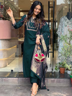 Women's Rama Viscose Chanderi Embroidered Kurta Set with Elegant Jacquard Dupatta