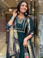 Women's Rama Viscose Chanderi Embroidered Kurta Set with Elegant Jacquard Dupatta