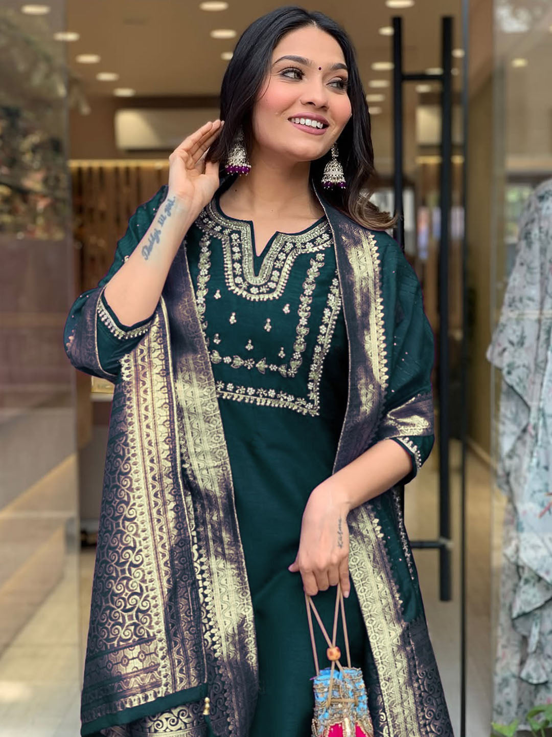Women's Rama Viscose Chanderi Embroidered Kurta Set with Elegant Jacquard Dupatta