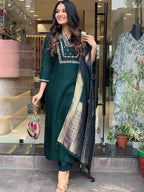 Women's Rama Viscose Chanderi Embroidered Kurta Set with Elegant Jacquard Dupatta