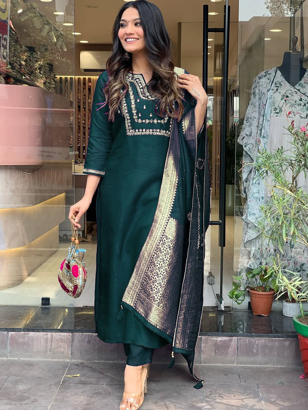 Women's Rama Viscose Chanderi Embroidered Kurta Set with Elegant Jacquard Dupatta