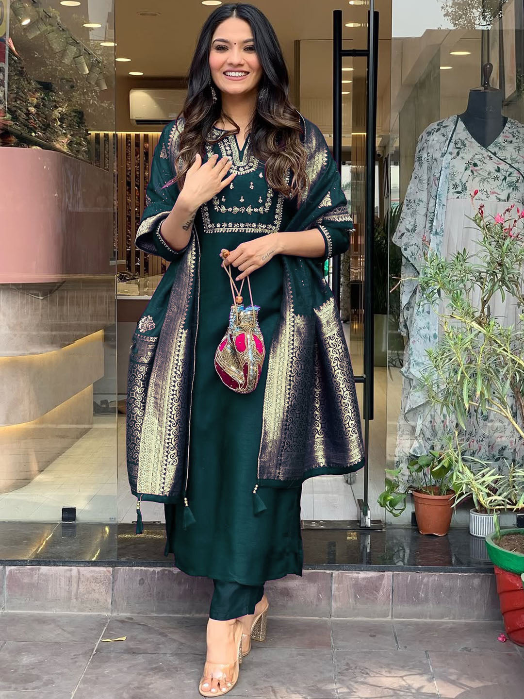 Women's Rama Viscose Chanderi Embroidered Kurta Set with Elegant Jacquard Dupatta