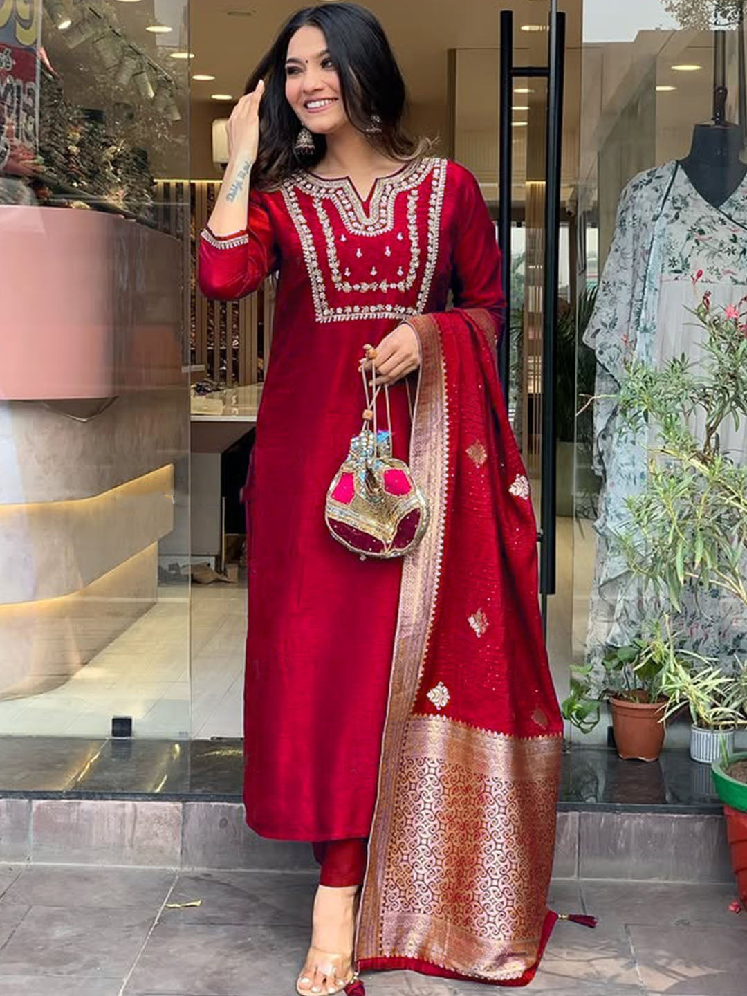 Women's Red Viscose Chanderi Embroidered Kurta Set with Elegant Jacquard Dupatta