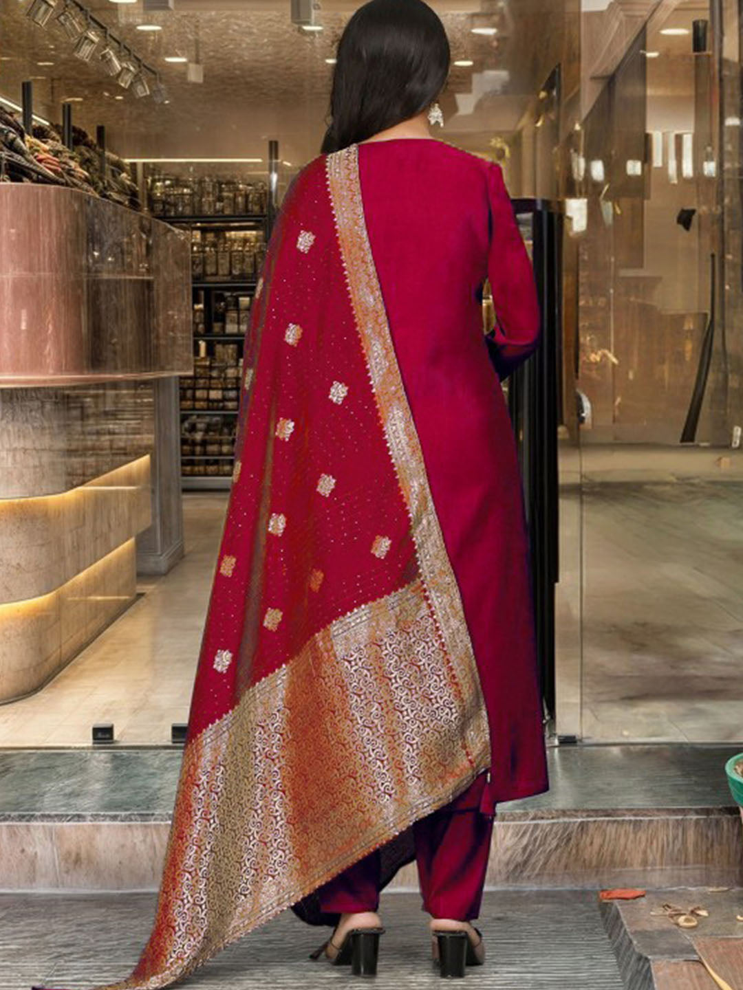 Women's Red Viscose Chanderi Embroidered Kurta Set with Elegant Jacquard Dupatta