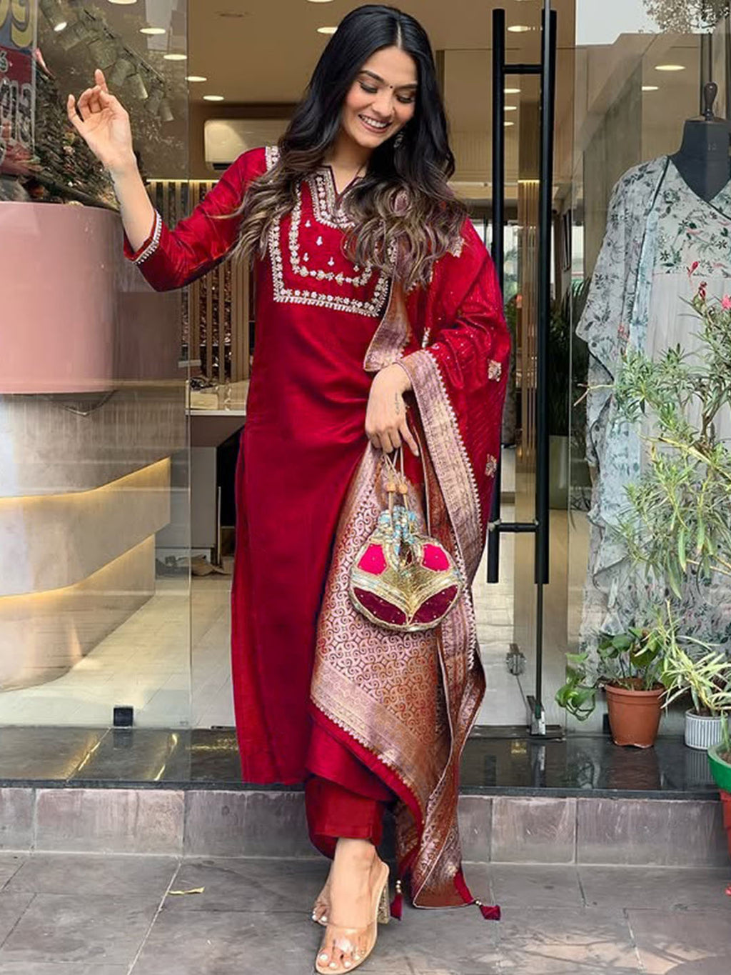 Women's Red Viscose Chanderi Embroidered Kurta Set with Elegant Jacquard Dupatta