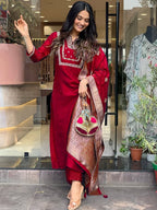 Women's Red Viscose Chanderi Embroidered Kurta Set with Elegant Jacquard Dupatta
