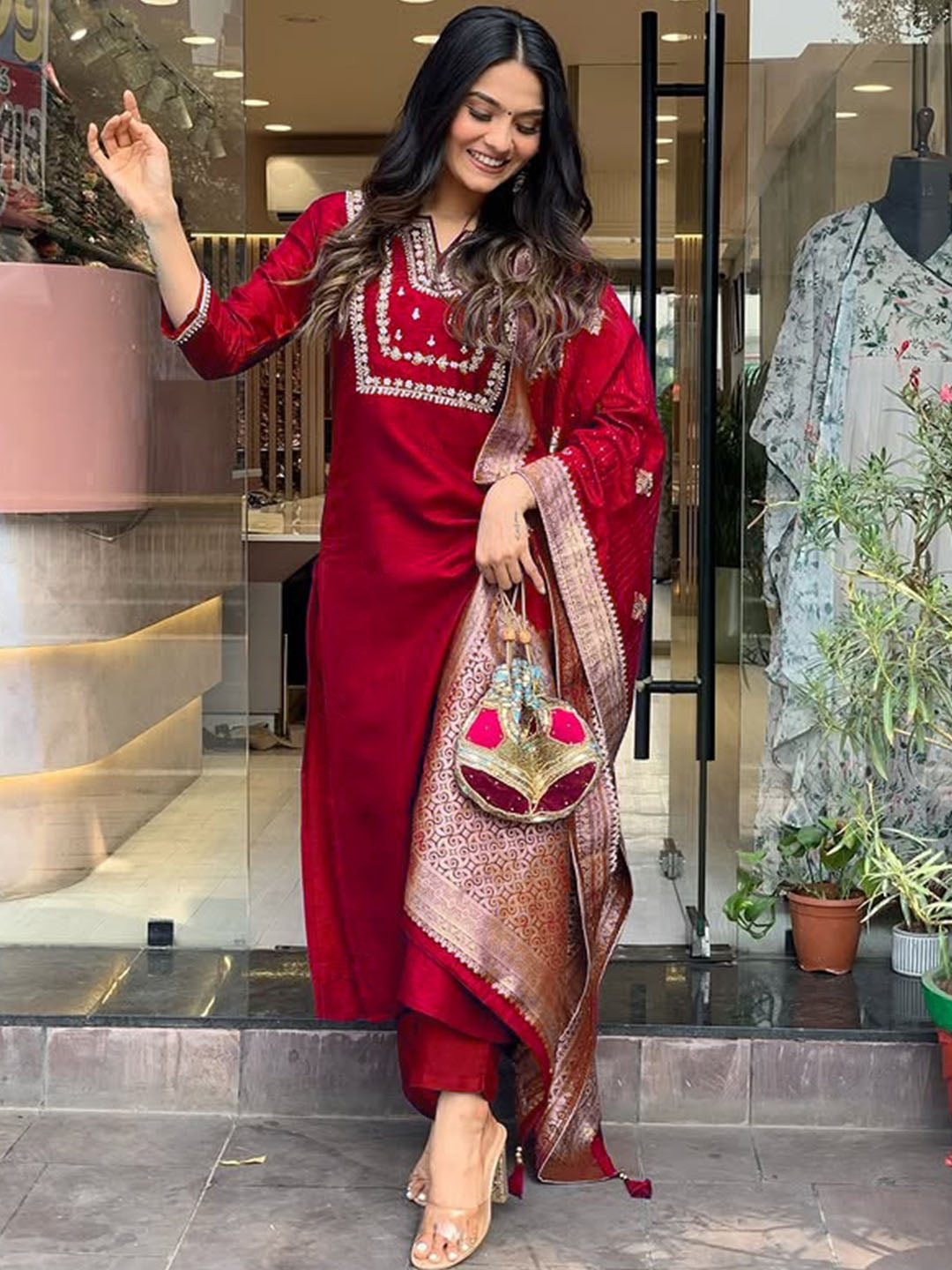 Women's Red Viscose Chanderi Embroidered Kurta Set with Elegant Jacquard Dupatta